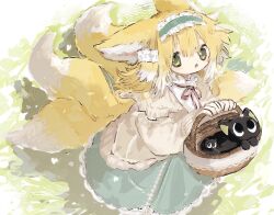 Rule 34 | 1girl, animal ear fluff, animal ears, arknights, basket, black cat, blonde hair, blue hairband, blue skirt, cardigan, cat, fox ears, fox girl, fox tail, frilled hairband, frills, full body, green eyes, hair ornament, hair scrunchie, hairband, heixiu, highres, holding, holding basket, kitsune, kyuubi, long hair, looking at viewer, luo xiaohei, multicolored hair, multiple tails, neck ribbon, official alternate costume, open cardigan, open clothes, parted lips, red ribbon, ribbon, scrunchie, shirt, skirt, solo, stitches, suzume (f mof3), suzuran (arknights), suzuran (spring praise) (arknights), tail, luo xiaohei zhanji, two-tone hair, white hair, white shirt, yellow cardigan