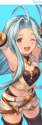 Rule 34 | 1girl, ahoge, alternate costume, armpits, arms up, blue eyes, blue hair, blush, breasts, cleavage, crop top, granblue fantasy, highres, light blue hair, long hair, lyria (granblue fantasy), minaba hideo, navel, official art, one eye closed, open mouth, relic buster (granblue fantasy), short shorts, shorts, sidelocks, sleeveless, small breasts, smile, solo, thighhighs, very long hair