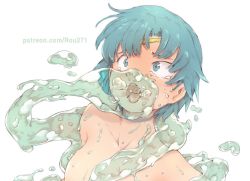 Rule 34 | 1girl, air bubble, asphyxiation, bishoujo senshi sailor moon, blue choker, blue eyes, blue hair, breasts, bubble, choker, drowning, hydrokinesis, magical girl, mizuno ami, nude, out-of-frame censoring, patreon username, rou (rou22), sailor mercury, small breasts, tagme, tearing up, tiara, upper body, water, watermark, web address, wet, white background