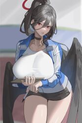 Rule 34 | 1girl, absurdres, black choker, black hair, black shorts, black wings, blue archive, blue jacket, breasts, choker, clipboard, feathered wings, gym shirt, gym shorts, gym uniform, hair between eyes, halo, hasumi (blue archive), hasumi (track) (blue archive), high ponytail, highres, holding, holding clipboard, holding pen, huge breasts, jacket, large wings, leaning forward, long hair, looking at viewer, mole, mole under eye, multicolored clothes, multicolored jacket, odol (drk100), official alternate costume, parted lips, partially unzipped, pen, ponytail, red eyes, red halo, shirt, shorts, solo, thighs, track jacket, two-tone jacket, very long hair, white jacket, white shirt, wings