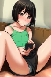 Rule 34 | 1girl, :o, absurdres, bare arms, blush, bob cut, brown eyes, commentary request, green panties, green tank top, highres, holding, holding phone, looking away, looking to the side, matsunaga kouyou, nose blush, open mouth, original, panties, pantyshot, phone, short hair, short shorts, shorts, sitting, solo, spread legs, striped clothes, striped panties, tank top, underwear, upshorts, wall