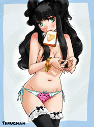 Rule 34 | 1girl, artist name, bikini, black hair, black thighhighs, bow, bow legwear, bow panties, bracelet, bread slice, breasts, closed mouth, commentary, convenient censoring, crotch seam, food, food in mouth, green eyes, hair censor, head tilt, heart, heart hands, heart print, jewelry, lace, lace-trimmed legwear, lace trim, lips, long hair, looking at viewer, medium breasts, moe moe kyun!, mouth hold, navel, original, panties, pink panties, polka dot, polka dot panties, side-tie bikini bottom, smile, solo, standing, swimsuit, teruchan, thighhighs, thighs, toast, toast in mouth, topless, twintails, two side up, underwear