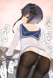 Rule 34 | 1girl, a1 (initial-g), ass, black eyes, black hair, black pantyhose, blush, closed mouth, commentary request, from behind, kantai collection, long sleeves, looking at viewer, looking back, panties, pantyhose, school uniform, short hair, solo, sweatdrop, tan, tanline, tokitsukaze (kancolle), underwear, white panties