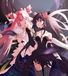 Rule 34 | 2girls, akemi homura, akuma homura, argyle, bare shoulders, black dress, black gloves, black hair, bow, bow hairband, dress, elbow gloves, feet out of frame, gloves, hair bow, hairband, highres, kaname madoka, long hair, looking at another, mahou shoujo madoka magica, multiple girls, night, night sky, open mouth, pink hair, red hairband, red ribbon, ribbon, signature, sky, smile, star (sky), strapless, strapless dress, thighhighs, ultimate madoka, white dress, white gloves, white ribbon, y2swan, yellow eyes