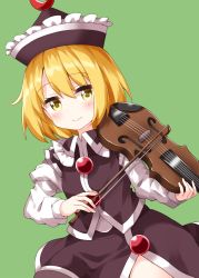 Rule 34 | 1girl, black hat, black skirt, black vest, blonde hair, blouse, bow, bow (music), closed mouth, collared shirt, crescent moon, frilled hat, frills, green background, hat, hat ornament, highres, holding, holding bow (ornament), holding instrument, holding violin, instrument, long sleeves, looking at viewer, lunasa prismriver, medium hair, moon, music, playing instrument, ruu (tksymkw), shirt, simple background, skirt, skirt set, smile, solo, standing, touhou, vest, violin, white shirt, yellow eyes