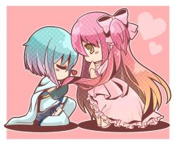 Rule 34 | 10s, 2girls, bloom2425, blue hair, blush stickers, bow, cape, chibi, dress, hair bow, heart, kaname madoka, kissing hair, kneeling, long hair, magical girl, mahou shoujo madoka magica, mahou shoujo madoka magica (anime), miki sayaka, multiple girls, pink hair, short hair, short twintails, spoilers, thighhighs, twintails, two side up, ultimate madoka, yellow eyes
