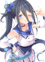 Rule 34 | 1girl, aris (blue archive), black hair, blue archive, blue bow, blue choker, blue eyes, blue sailor collar, blush, bow, chestnut mouth, choker, collarbone, commentary request, detached sleeves, hair between eyes, hair bow, halo, hand on own hip, hinata yuu (atelierhinata), long hair, long hair between eyes, long sleeves, looking at viewer, one eye closed, parted lips, sailor collar, shirt, side ponytail, simple background, skirt, sleeveless, sleeveless shirt, solo, very long hair, white background, white shirt, white skirt, white sleeves