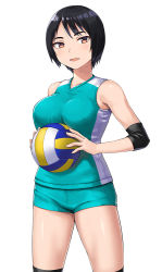 Rule 34 | aqua shirt, aqua shorts, ball, black hair, breasts, brown eyes, cowboy shot, elbow pads, hashi, holding, holding ball, jersey, looking at viewer, medium breasts, open mouth, original, playing sports, shirt, short hair, short shorts, shorts, simple background, sleeveless, sportswear, thick eyebrows, thighs, tomboy, uniform, volleyball, volleyball (object), volleyball uniform, white background
