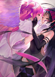 Rule 34 | 10s, 2girls, akemi homura, akuma homura, argyle, argyle clothes, argyle legwear, bare shoulders, black gloves, black hair, black wings, bow, choker, dress, elbow gloves, eye contact, face-to-face, feathered wings, gloves, hair bow, hand on another&#039;s cheek, hand on another&#039;s face, highres, imminent kiss, jun project, kaname madoka, long hair, looking at another, mahou shoujo madoka magica, mahou shoujo madoka magica: hangyaku no monogatari, multiple girls, parted lips, pink eyes, pink hair, purple eyes, smile, spoilers, thighhighs, two side up, ultimate madoka, white dress, white gloves, wings, yuri, zettai ryouiki