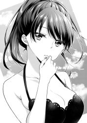 Rule 34 | 1girl, bare shoulders, breasts, cleavage, collarbone, dress, greyscale, hair intakes, halterneck, hand up, highres, ice cream kanojo, kawai miruku, kuune rin, long hair, looking at viewer, medium breasts, monochrome, parted lips, ponytail, sleeveless, sleeveless dress, solo, upper body