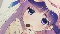 Rule 34 | 1girl, bad id, bad twitter id, commentary request, cookie, dutch angle, eating, eyebrows, eyelashes, food, hat, holding, holding food, limited palette, long hair, looking at viewer, mob cap, pajamas, partially colored, patchouli knowledge, purple eyes, purple hair, solo, touhou, upper body, vanilla (miotanntann)