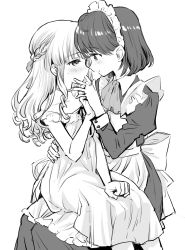 Rule 34 | 2girls, amezawa koma, apron, blush, braid, choker, commentary request, dress, finger sucking, from side, greyscale, half updo, holding hands, hand on another&#039;s hip, highres, long hair, maid, maid apron, maid headdress, monochrome, monochrome, multiple girls, off shoulder, original, profile, short hair, sitting, sitting on lap, sitting on person, sketch, yuri