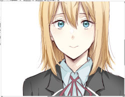 Rule 34 | 1girl, black jacket, blonde hair, blue eyes, character request, copyright request, hair between eyes, jacket, looking at viewer, medium hair, napata, neck ribbon, ribbon, school uniform, shirt, solo, unfinished, upper body, user interface, white background, white shirt