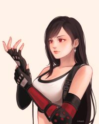 1girl adjusting_clothes adjusting_gloves bare_shoulders black_gloves black_hair black_sports_bra breasts closed_mouth collarbone commentary crop_top earrings elbow_gloves elbow_pads english_commentary final_fantasy final_fantasy_vii final_fantasy_vii_rebirth final_fantasy_vii_remake fingerless_gloves glint gloves hair_behind_ear hanaflans hand_up jewelry large_breasts lips long_hair midriff open_hand pink_lips red_eyes simple_background single_arm_guard single_earring single_elbow_pad single_sidelock solo sports_bra swept_bangs tank_top teardrop_earrings tifa_lockhart twitter_username upper_body white_tank_top