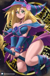 Rule 34 | 1girl, absurdres, bare shoulders, blonde hair, blue dress, blue hat, blush stickers, boots, breasts, cleavage, closed mouth, dark magician girl, dress, duel monster, echo saber, floating, green eyes, hat, highres, jewelry, looking at viewer, magic circle, nail polish, necklace, pentagram, purple nails, smile, solo, staff, thighs, vambraces, wizard hat, yu-gi-oh!