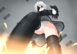 Rule 34 | 1girl, black dress, black hairband, blindfold, boots, covered eyes, dress, facing viewer, feather-trimmed sleeves, from below, hairband, highleg, highleg leotard, juliet sleeves, kicking, leotard, long sleeves, mole, mole under mouth, nier (series), nier:automata, nm (tshell2761), puffy sleeves, short hair, silver hair, solo, thighhighs, thighhighs under boots, upskirt, white leotard, 2b (nier:automata)
