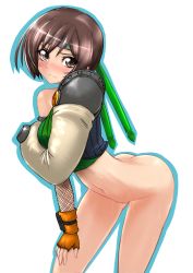 Rule 34 | 1girl, :|, ass, bare shoulders, bent over, blush, bottomless, breasts, brown hair, closed mouth, commentary, cowboy shot, cropped sweater, final fantasy, final fantasy vii, fingerless gloves, fishnets, furrowed brow, gloves, green sweater, headband, highres, holding own arm, leaning forward, looking at viewer, medium breasts, midriff, navel, no panties, nose blush, pochiiru (uowou), ribbed sweater, short hair, sleeveless, sleeveless sweater, sleeveless turtleneck, solo, sweat, sweater, turtleneck, yuffie kisaragi
