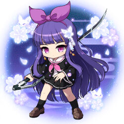 Rule 34 | 1girl, animal, black jacket, black skirt, black socks, brown footwear, copyright request, earrings, flower, fox, hair flower, hair ornament, hair ribbon, hairband, holding, holding weapon, jacket, jewelry, loafers, long sleeves, neckerchief, nekono rin, open clothes, open jacket, pink neckerchief, pleated skirt, purple eyes, purple hair, purple hairband, purple ribbon, ribbon, sailor collar, shirt, shoes, skirt, socks, solo, standing, weapon, weapon request, white flower, white sailor collar, white shirt, wide sleeves