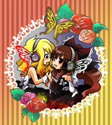 Rule 34 | 2girls, alternate costume, alternate hair length, alternate hairstyle, blonde hair, bow, brown hair, bug, butterfly, butterfly wings, detached sleeves, face-to-face, female focus, hair bow, hakurei reimu, head wings, headphones, headset, insect, insect wings, kirisame marisa, long hair, magnet (vocaloid), multiple girls, munyumunyu, star (symbol), striped, striped background, symmetrical hand pose, touhou, vertical stripes, very long hair, vocaloid, wings, wrist cuffs, yellow eyes, yuri