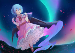 Rule 34 | 1girl, aurora, bat wings, black cape, blue hair, blush, bow, brooch, cape, chestnut mouth, collared dress, commentary, dress, fat123, frilled dress, frilled shirt collar, frills, full body, hair between eyes, hands up, highres, jewelry, looking up, mary janes, neck ribbon, night, night sky, no headwear, no headwear, open mouth, petals, pink dress, red bow, red eyes, red footwear, red ribbon, remilia scarlet, ribbon, shoes, short hair, sky, slit pupils, solo, star (sky), starry sky, touhou, waist bow, wings, wrist cuffs