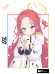 Rule 34 | 1girl, absurdres, blue archive, blue eyes, blush, bow, braid, closed mouth, commentary, forehead, hair bow, halo, highres, interlocked fingers, jacket, long hair, long sleeves, looking at viewer, orange halo, red hair, revision, rokukarashi, solo, upper body, white bow, white jacket, yuzu (blue archive)