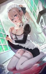Rule 34 | 1girl, absurdres, blonde hair, blue eyes, breasts, cleavage, clothes lift, cup, detached collar, drinking glass, dutch angle, elf, food, frills, fruit, garter straps, hair ribbon, highres, large breasts, lifted by self, long hair, looking at viewer, maid, maid headdress, on floor, open mouth, original, panties, pointy ears, ponytail, ribbon, sidelocks, sitting, skirt, skirt lift, solo, spill, strawberry, thighhighs, thighs, underwear, wariza, white panties, white thighhighs, wine glass, wrist cuffs, yarn (yarn 03)