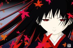 Rule 34 | 00s, 1girl, autumn leaves, black hair, blunt bangs, enma ai, expressionless, female focus, half-closed eyes, hime cut, japanese clothes, jigoku shoujo, kimono, leaf, long hair, looking at viewer, maple leaf, monster girl, portrait, red eyes, solo, upper body, wind