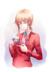 Rule 34 | androgynous, bad id, bad pixiv id, blonde hair, blue brooch, brooch, collared shirt, cup, closed eyes, gender request, highres, holding, holding cup, holding plate, jacket, jewelry, long sleeves, lutecia syndrome, plate, ponytail, red jacket, shirt, simple background, sleeve cuffs, smile, solo, steam, suit jacket, teacup, umineko no naku koro ni, ushiromiya lion, white shirt