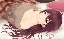 Rule 34 | 1girl, :3, ahoge, bare shoulders, blanket, blue eyes, breasts, brown hair, cait aron, carpet, collarbone, commentary request, highres, ichinose shiki, idolmaster, idolmaster cinderella girls, kotatsu, large breasts, long hair, looking at viewer, lying, off shoulder, on back, pillow, ribbed sweater, solo, sweater, table