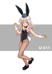 Rule 34 | 1girl, animal costume, animal ears, bare shoulders, black footwear, blonde hair, blue eyes, bow, bowtie, breasts, rabbit ears, rabbit tail, character name, collarbone, fake animal ears, fake tail, full body, garrison cap, hat, highres, kantai collection, long hair, looking at viewer, pantyhose, playboy bunny, porusasu, shoes, simple background, small breasts, solo, tail, tan, tanline, u-511 (kancolle), wrist cuffs