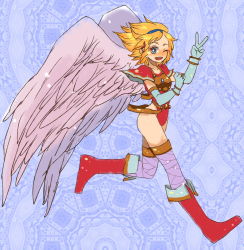 Rule 34 | 1girl, angel wings, armor, ass, blonde hair, blue eyes, boots, breastplate, breasts, breath of fire, breath of fire i, capcom, commentary request, gloves, hairband, hota (29812), leotard, nina (breath of fire i), red leotard, short hair, smile, solo, thighhighs, white wings, wings