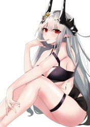Rule 34 | 1girl, absurdres, arknights, arm strap, bare arms, bare legs, bare shoulders, bikini, black bikini, breasts, chinese commentary, commentary request, feet out of frame, flower, hair flower, hair ornament, hand up, highres, horns, large breasts, long hair, looking at viewer, mudrock (arknights), mudrock (silent night) (arknights), musicatopos, official alternate costume, partial commentary, pointy ears, red eyes, silver hair, simple background, sitting, solo, swimsuit, thigh strap, thighs, very long hair, white background