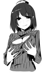 Rule 34 | 1girl, grabbing another&#039;s breast, breast hold, breasts, female focus, grabbing, greyscale, hat, kamukamu (ars), large breasts, looking at viewer, meme attire, monochrome, open-chest sweater, pointy ears, ribbed sweater, grabbing own breast, shameimaru aya, short hair, smile, solo, sweater, team shanghai alice, tokin hat, touhou, turtleneck