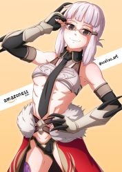 Rule 34 | 1girl, adjusting eyewear, amazon (company), bespectacled, black gloves, breasts, cameltoe, detached collar, elbow gloves, fate/grand order, fate (series), fingerless gloves, fur trim, glasses, gloves, hand on own hip, highres, looking at viewer, midriff, muscular, muscular female, necktie, orange background, penthesilea (fate), red skirt, scalizo, short hair, sidelocks, silver hair, skirt, smile, solo, underboob