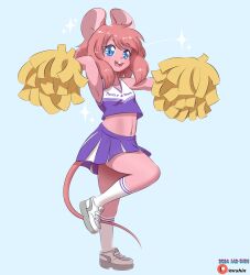 Rule 34 | 1girl, animal ears, animal nose, armpits, arms up, artist name, blue background, blue eyes, borrowed character, breasts, cheerleader, full body, furry, furry female, highres, kneehighs, leg up, legs, midriff, miniskirt, mouse ears, mouse girl, mouse girl (yuuki (yuyuki000)), mouse tail, navel, open mouth, original, patreon logo, pink hair, pleated skirt, pom pom (cheerleading), purple shirt, purple skirt, shirt, shoes, short hair, simple background, skirt, sleeveless, sleeveless shirt, small breasts, smile, socks, solo, standing, standing on one leg, tail, themistershin, thighs, watermark, white footwear, white socks