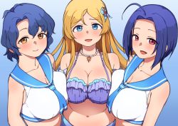 Rule 34 | 3girls, ahoge, antenna hair, asymmetrical docking, bikini, blonde hair, blue background, blue eyes, blue hair, blue neckwear, blue sailor collar, breast press, breasts, cleavage, closed mouth, collarbone, commentary request, eyes visible through hair, frilled bikini, frills, gradient background, hair ornament, halterneck, idolmaster, idolmaster (classic), idolmaster million live!, idolmaster million live! theater days, jewelry, korean commentary, kwaejina, large breasts, long hair, looking at viewer, miura azusa, mixed-language commentary, multiple girls, navel, necklace, open mouth, purple bikini, purple eyes, sailor bikini, sailor collar, sailor swimsuit (idolmaster), shinomiya karen, shirt, short hair, sleeveless, sleeveless shirt, smile, swimsuit, toyokawa fuka, upper body, wavy hair, yellow eyes