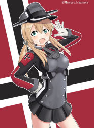 Rule 34 | 10s, 1girl, aqua eyes, artist name, black skirt, blonde hair, breasts, buttons, contrapposto, cross, eyebrows, gloves, hair ornament, hair ribbon, hat, highres, iron cross, kantai collection, long sleeves, matsunaga maguro, military, military hat, military uniform, open mouth, pleated skirt, prinz eugen (kancolle), ribbon, skirt, solo, standing, twitter username, uniform, white gloves