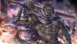 Rule 34 | 1boy, abs, bara, blaidd the half-wolf, cloak, cowboy shot, debris, dust, elden ring, fur cloak, furry, furry male, gauntlets, highres, holding, holding weapon, large pectorals, looking at viewer, male focus, muscular, muscular male, navel, over shoulder, pectorals, rabbity art, scar, short hair, solo, stomach, sword, sword over shoulder, tail, underpec, weapon, weapon over shoulder, wolf boy, wolf tail