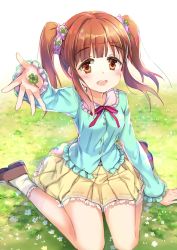 Rule 34 | 1girl, :d, arm support, blue shirt, blush, breasts, brown eyes, brown footwear, brown hair, clover, commentary, day, four-leaf clover, frilled shirt, frilled shirt collar, frills, grass, hair ornament, hair scrunchie, highres, holding, idolmaster, idolmaster cinderella girls, jin young-in, long hair, long sleeves, looking at viewer, medium breasts, ogata chieri, on grass, open mouth, outdoors, pleated skirt, purple scrunchie, scrunchie, shirt, shoes, sidelocks, sitting, skirt, smile, socks, solo, teeth, twintails, upper teeth only, wariza, white socks, yellow skirt