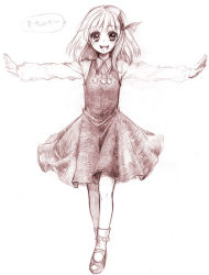 Rule 34 | 1girl, bobby socks, dress, embodiment of scarlet devil, female focus, graphite (medium), hair ribbon, is that so, mary janes, monochrome, open mouth, outstretched arms, ribbon, rumia, shoes, sketch, smile, socks, solo, spread arms, touhou, traditional media, usa (artist), usaki (ama)
