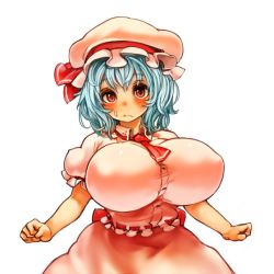 Rule 34 | 1girl, alternate breast size, before and after, blue hair, breasts, female focus, huge breasts, looking at viewer, perky breasts, red eyes, remilia scarlet, sachito, solo, touhou