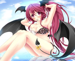 Rule 34 | 1girl, adjusting hair, akairo no mako, armpits, arms up, bandeau, bikini, blush, breasts, cleavage, demon tail, demon wings, head wings, koakuma, large breasts, legs, long hair, mouth hold, pointy ears, red eyes, red hair, reflection, ribbon, sitting, solo, swimsuit, tail, tail ornament, tail ribbon, touhou, very long hair, wings