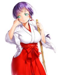 Rule 34 | 1girl, breasts, broom, closed mouth, cowboy shot, green eyes, hakama, hakama skirt, hand up, hip vent, holding, holding broom, japanese clothes, large breasts, long hair, long sleeves, looking at viewer, love live!, love live! school idol project, miko, onsoku inu, purple hair, red hakama, simple background, skirt, smile, solo, tojo nozomi, white background, wide sleeves