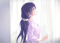 Rule 34 | 1girl, curtains, from side, green eyes, hair ornament, hair scrunchie, highres, indoors, kate iwana, light frown, long hair, long sleeves, love live!, love live! school idol project, purple hair, purple shirt, scrunchie, shirt, solo, tojo nozomi, twintails, upper body, white neckwear, white scrunchie