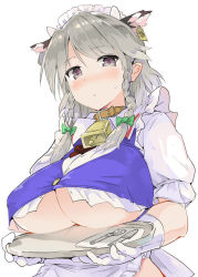 Rule 34 | 1girl, animal ears, bell, blush, bow, braid, breasts, brown collar, collar, commentary request, cow ears, crop top, fork, gloves, green bow, grey eyes, grey hair, hair bow, izayoi sakuya, knife, large breasts, looking at viewer, maid headdress, neck bell, puuakachan, short sleeves, simple background, solo, sweatdrop, touhou, tray, twin braids, underboob, upper body, white background, white gloves