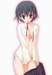 Rule 34 | 1girl, black hair, blush, breasts, brown eyes, game cg, mouth hold, nanao naru, no bra, open clothes, open shirt, panties, shirt, short hair, side-tie panties, solo, underwear, undressing, yellow eyes