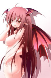 Rule 34 | 1girl, ass, bat wings, blush, breasts, embodiment of scarlet devil, female focus, head wings, koakuma, large breasts, long hair, looking at viewer, naughty face, nipples, nude, pointy ears, red eyes, red hair, shiina shian, simple background, solo, touhou, very long hair, wings, yellow eyes