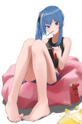 Rule 34 | 1girl, absurdres, bad id, bad pixiv id, bare legs, barefoot, bean bag chair, black tank top, blue hair, blush, breasts, chips (food), collarbone, est (est illust), eyelashes, feet, food, foreshortening, full body, hair ribbon, handheld game console, hands up, head tilt, highres, holding, hololive, hoshimachi suisei, leaning back, legs, legs together, long hair, long legs, looking at viewer, open mouth, pocky, potato chips, purple shorts, ribbon, shadow, shorts, side ponytail, sidelocks, simple background, sitting, small breasts, solo, tank top, thighs, toenails, toes, virtual youtuber, white background