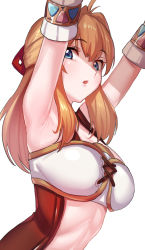 Rule 34 | 1girl, armpits, arms up, blonde hair, blue eyes, breasts, detached sleeves, fiora (xenoblade), green322, highres, lips, long hair, medium breasts, nintendo, open mouth, simple background, solo, upper body, white background, xenoblade chronicles (series), xenoblade chronicles 1, xenoblade chronicles (series)
