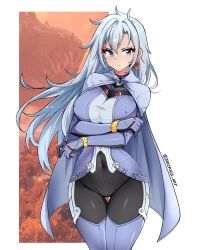 Rule 34 | 1girl, a (xenoblade), absurdres, blue eyes, bodysuit, breasts, cape, closed mouth, covered navel, earrings, frown, grey hair, hair between eyes, highres, jarckius, jewelry, large breasts, long hair, looking at viewer, solo, standing, tree, white cape, xenoblade chronicles (series), xenoblade chronicles 3